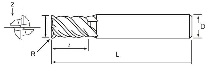 D6.0 x 0.5R x 13FL x 60OAL x 6SHK x Z4 Square endmill with Corner radius for component HRC 60